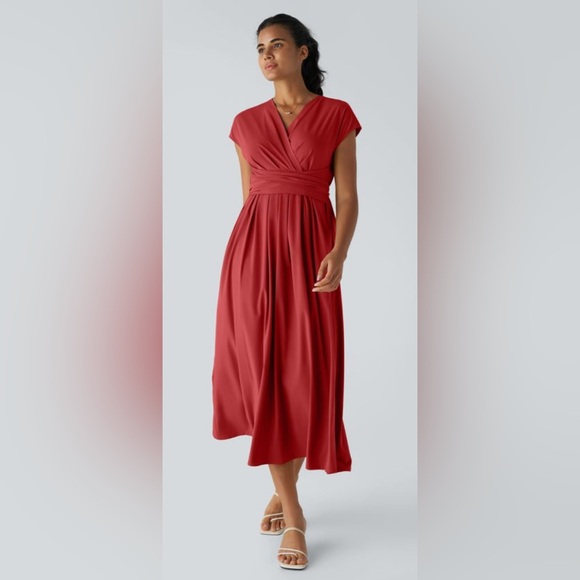 Halara Breezeful Pompeian Red V Neck Maxi Dress Short Sleeve Pocket Tie Back XL - Picture 1 of 8
